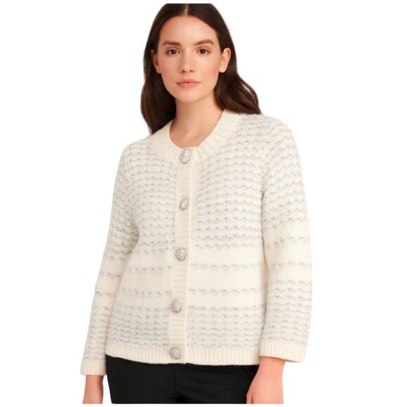 Kate Spade SZ L Jewel Button Textured Cream Silver Wool Alpaca Cardigan $328 - Picture 1 of 5